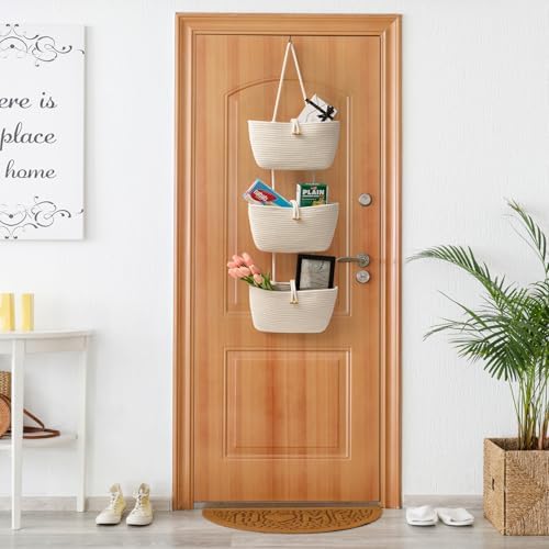 TeoKJ Over the Door Hanging Baskets with Button Strap, 3-Tier Woven Cotton Storage Organizer Bag, Wall-Mounted with Hook Decorative Hanging Kitchen Baskets - White - Image 3