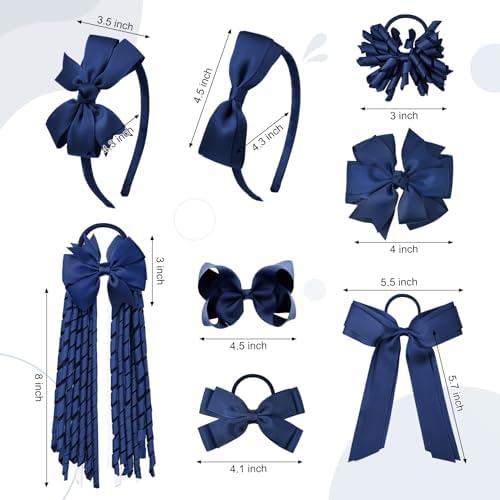 DEEKA Navy Blue School Hair Accessories Set 13 Pcs Uniform Hair Bow Headband Clips Hair Ties Curly Korker Bows for Little Toddler School Girls (Navy) - Image 6