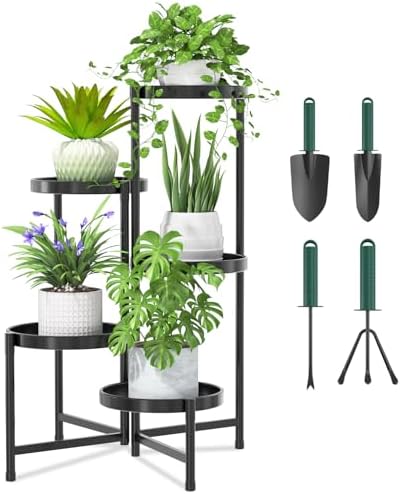 5 Tier Large Plant Stand with Garden Tools, 10 Inch Tray, Black by iDavosicly
