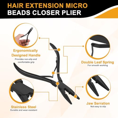 HARFINGTON Hair Extension Beading Tool Kit Stainless Steel Hair Extensions Micro Link Bead Closer and Remover Pliers Micro Ring Loop Needle Pulling Hook and Cutting Scissors, Black - Image 4