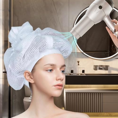 Net Plopping Cap for Drying Curly Hair, Adjustable Net Diffuser Cap Curly Hair, Hair Dryer Bonnet with Drawstring Hair Plopping Bonnet for Fast Drying(COLOR:white) - Image 3