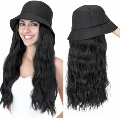 SEGO Cap with Hair Attached for Women Bucket Hat Wig Long Natural Wavy Hair Extensions With Hat Heat Resistant Synthetic Fiber Extensions 18 Inch 1B Natural Black by SEGO