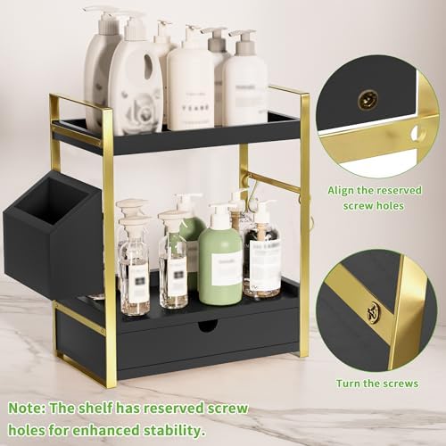 2-Tier Bathroom Counter Organizer, Wooden Vanity Shelf with Drawer & Basket - Image 5