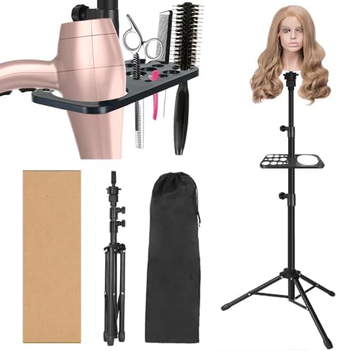 ZQIAN BEAUTY 50 Inch Metal Wig Stand, Adjustable Wig Head Stand, Mannequin Head Stand for Cosmetology Hairdressing, Wig Stand Tripod with Tool Tray (Black, Mannequin Head Not Included) by ZQIANBEAUTY