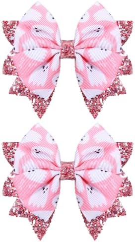 Halloween Pink Ghost Hair Bow Clips for Girls, 2 Pack 3.5" Glitter Hair Ribbon Bow Alligator Clips for Toddler Teens Kids Women Trick or Treat Party Costume Dress Accessory Gift by KCHIES-AccessoryCollection