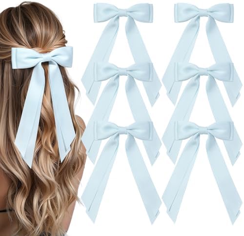 6PCS Blue Hair Bows, Large Ribbon Bow Hair Clips for Girls Women Cute Ponytail Holder Accessories for Toddlers Kids Teens by AILEAM