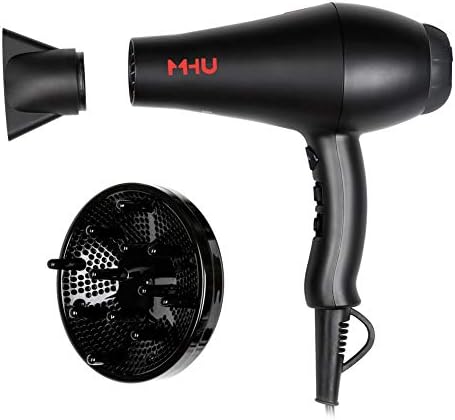 MHU Professional Salon Grade 1875w Low Noise Ionic Ceramic Ac Infrared Heat Hair Dryer Plus One Concentrator and One Diffuser Black Color by MHD