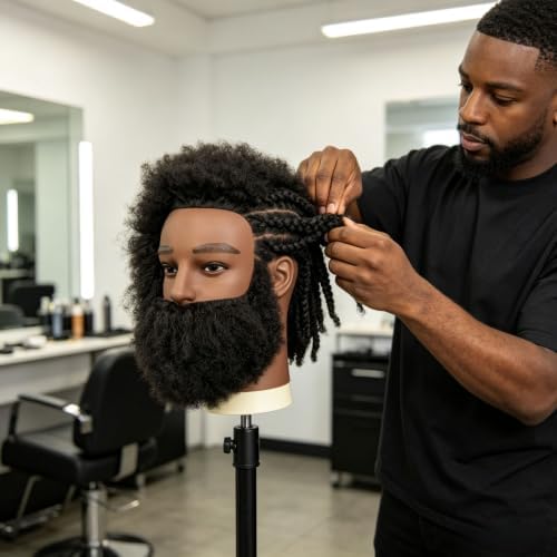 Afro Barber Mannequin Head Male Human Hair with Beard for Hair Styling - Image 6
