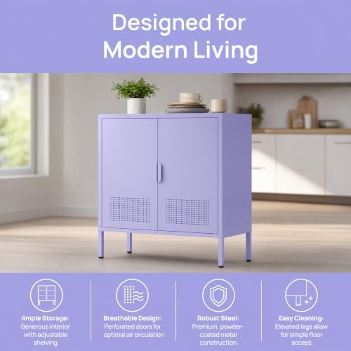 Purple Metal Accent Cabinet, 33" H Industrial 2-Door Steel Sideboard with 2 Adjustable Shelves, Ventilated Freestanding Storage Organizer for Living Room, Bedroom - Image 3
