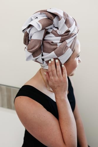New Microfiber Hair Towel Collection – Mocha Check Quick Dry Hair Towel Wrap for Women – Anti-Frizz Microfiber Hair Turban for Long, Curly & Thick Hair with Large Loop Closure - Image 4