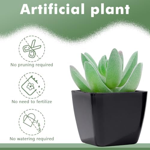 Woration 6pcs Small Faux Artificial Flocking Succulent Plants in Black Pots Fake Plastic Plants Topiaries for Shelf Table Windowsills Office Home Green Decoration - Image 5