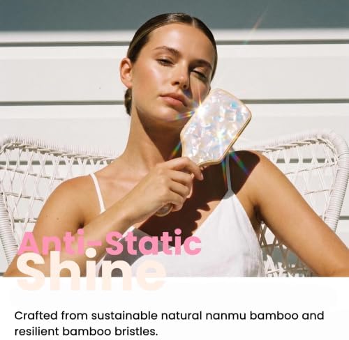 Bamboo Hair Brush with Double-Sided Marble Acetate (Pearl White) - Image 4