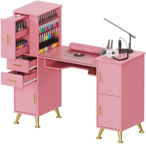 Kikihouse Nail Desk Manicure Table with Dust Collector & Glass Top (Pink) by Kikihouse
