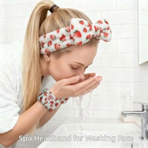 7 Pcs Spa Set, Facial Headband and Wristband Set, Skincare Accessories, College Style Girl Gift, Hair Accessories for Women and Girls（Pink Strawberry） - Image 2