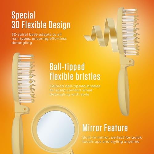 Mini Detangler Travel Hair Brush with Mirror, Makaron Hair Brushes for Women, Men and Kids, Unique 3D Flexible Design for All Hair Types, Styling Accessory, Travel Essentials for Women (POPULARYELLOW) - Image 2