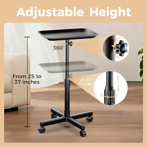 36" Salon Tray on Wheels Black, Adjustable Height Tattoo Tray Cart - Image 2