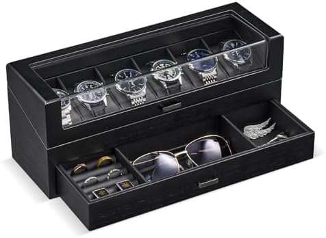 ProCase High End Wooden Watch Box for Men, 2-Layer Wood Watch Display Case Men's Jewelry Organizer Box with Drawer -6 Slot, Black by ProCase