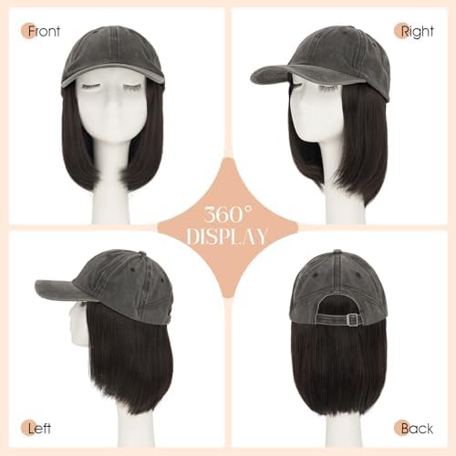 Rich Choices Hat Wigs for Women,Dark Gray Baseball Cap with Hair Extensions for Women,Short Bob Hairstyle Caps with Straight Synthetic Hair Attached Adjustable Baseball Cap Wig 6 Inch Dark Brown Hair - Image 5