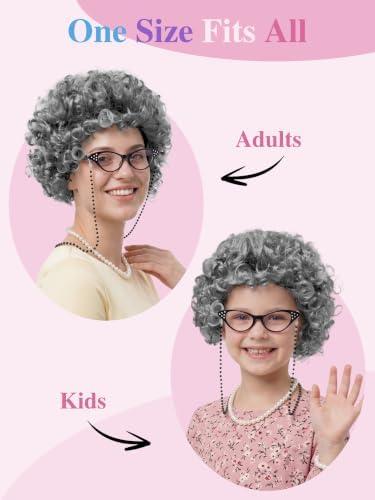 URATOT 5 Pieces Halloween Old Lady Wig Costume Set Grandma Wig Hair Rollers Glasses Chain Necklace Bracelet - Image 3