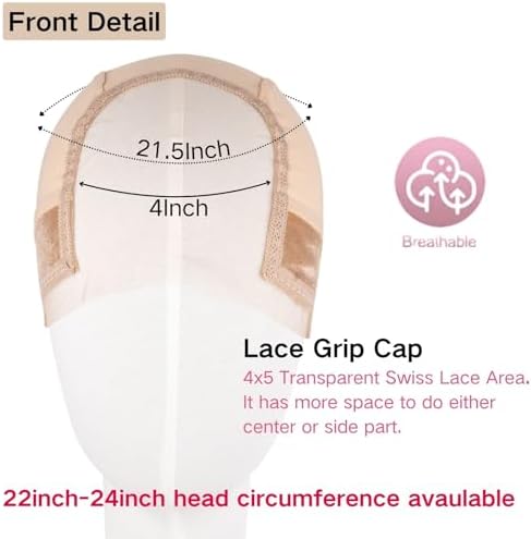 Lace Wig Grip Cap for Women - Medium Size Snug Fit 4x5 Transparent Swiss Lace Non-slip Glueless Wig Gripper with Ear-Cutouts Adjustable Headband (Light Brown) - Image 2