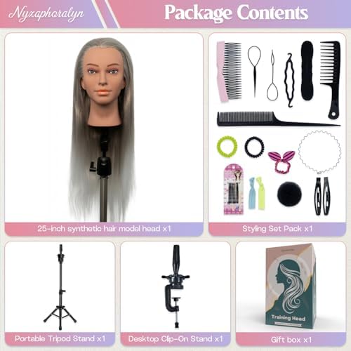 Mannequin Head 24-25inch, Synthetic Fiber Hair Mannequin Head, Beauty And Hairdressing Model Practice Head, with Clip-on Stand Set (Silver) - Image 2