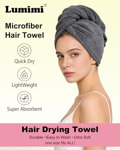Lumimi Bath Pre Dry Hair Towel with Button, Red Grey, 2 Pack - Image 3
