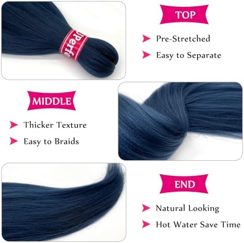 Navy Blue Braiding Hair Pre Stretched Kanekalo Knotless Prestretched Braiding Hair 30 inch Long Colored Hair Extensions for Braiding Pre Stretched Micro Braids Itch Free Yaki Braiding Hair Blue - Image 2