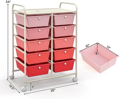 Giantex 10 Drawers Rolling Cart, Classroom Organizers, Storage Cart with Wheels, for Teacher Office Home School Supplies Tool Craft Art Paper, Pink Gradient - Image 3