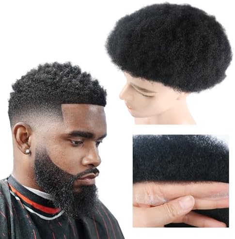 Afro Curly Toupee Men's Wigs for Black African American Male Hair Unit Black 4MM Curly Afro Mans Weave Hairpiece1# Jet Black Invisible HD Swiss Lace Replacement Systems 8x10 Real Human Hair by lumeng