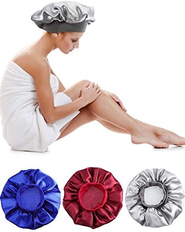 Blulu 3 Pcs Large Satin Silk Bonnet,Silver, Wine Red, Sapphire Blue - Image 2