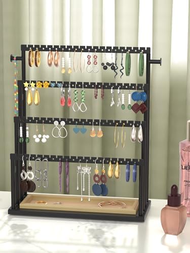 Earring Holder Organizer, 4-Tier Metal Jewelry Display Stand with Wooden Storage Organizer, Large Earring Holder for Studs, Hoops, and Dangles, Modern Jewelry Organizer for Women - Image 7