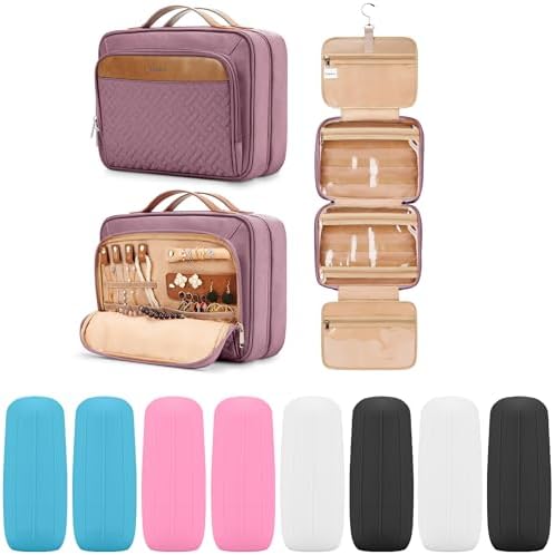 COOSKY Travel Hanging Toiletry Bag for Women, Large Makeup Bag 8 Leak Proofing Silicone Bottle Covers, Waterproof Cosmetic Bag with Jewelry Organizer Compartment, Toiletries Kit Set, Purple by COOSKY