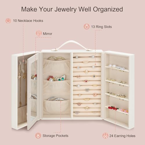 DesignSter Jewelry Box for Women, Jewelry Storage with Mirror, Travel Jewelry Organizer with Handle for Stud Earrings, Rings, Necklaces, Bracelets(Beige & Pink) - Image 3