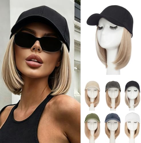 Rich Choices Hat Wigs for Women,Black Baseball Cap with Hair Extensions for Women,Short Bob Hairstyle Caps with Hair Attached Adjustable Baseball Cap Wig 6 Inch-Highlighted Honey Blonde Hair by RichChoices