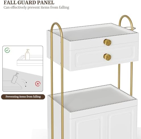 Salon Trolley Cart with Lockable Wheels, Salon Station Cabinet with Drawer & Cabinet for Hair Stylist Makeup Tool Organizer for Beauty Spa Barbershop (White&Gold) - Image 3