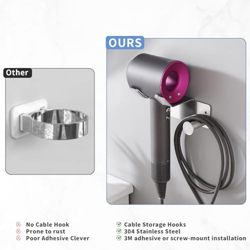 Hair Dryer Holder, Dyson Hair Dryer Holder, Blow Dryer Holder with Cord Hook SUS304 Stainless Steel Wall Mount, Self Adhesive/Screw Space Saving Hairdryer Holder for Bathroom Silver - Image 6