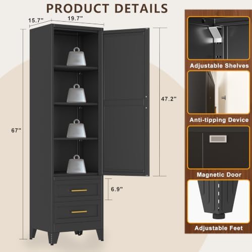 67" Tall Narrow Metal Storage Cabinet, Freestanding Pantry Organizer, Black - Image 3