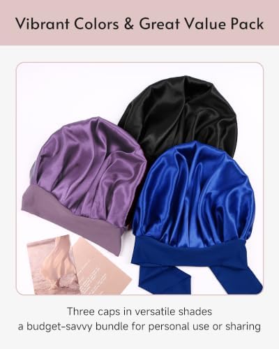 Yanideer 3 pcs Adjustable Satin Bonnets for Sleeping Double Layer Satin Lined Hair Bonnet with Tie Band for Women Curly Hair - Image 7
