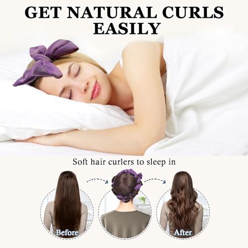 Gwabee No Heat Overnight Curl Headband, 70" Soft Ribbon Wrap with 9 PCS Curling Rods and Yoga Strap - Purple - Image 2