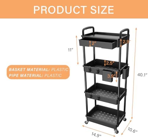 4 Tier Rolling Utility Cart with Drawer,REBECAT Utility Cart Made of Multifunctional Storage Organizer Tool for Kitchen,Bathroom,Living Room,Office(Black) - Image 5