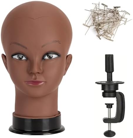 Bald Mannequin Head Brown Female Professional Cosmetology Training Mannequin Bald for Wig Making and Display Afro American Mannequin Head with Free Clamp Stand (brown-02) by Unknown