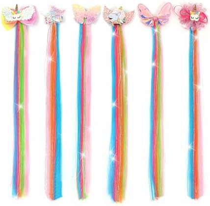 6 Pcs Unicorn Hair Bows Hair Clips For Girls Rainbow Hair Extensions For Kids Toddler Kids Ponytails Hand-made Cute Glitter Hair Accessories by xuxisowo