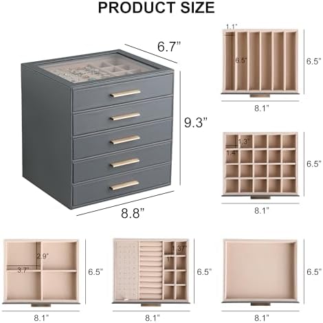 Frebeauty Jewelry Box for Women,Clear Lid Jewelry Organizer with 5 Drawers - Image 3