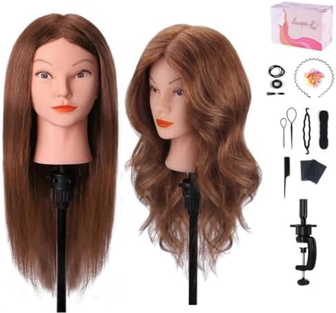 MYSWEETY Mannequin Head with Hair, Doll Head for Hair Styling, Manikin Head with 100% Human Hair Cosmetology Makeup Hairdressing Training Head with Clamp Holder and Tools(18" Auburn, Makeup) by MYSWEETY