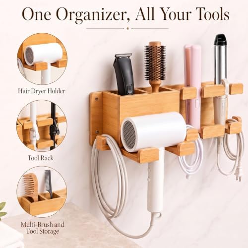 Wenqik Wall Mount Hair Tool Organizer Bamboo Hair Dryer Holder Tool Storage - Image 3