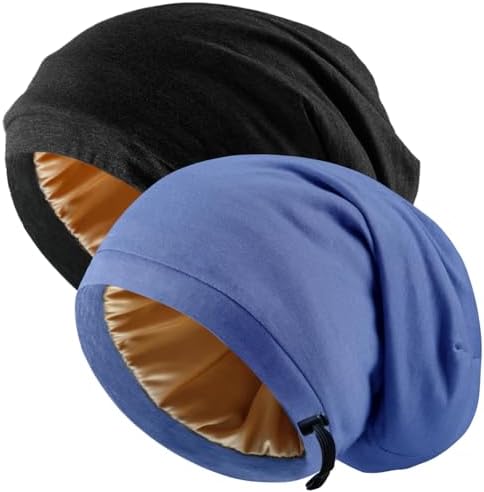 2 Pcs Adjustable Silk Hair Bonnet for Sleeping, Satin Lined Sleep Cap for Women and Men, Silk Hair Wrap Slouch Beanie. by Unknown