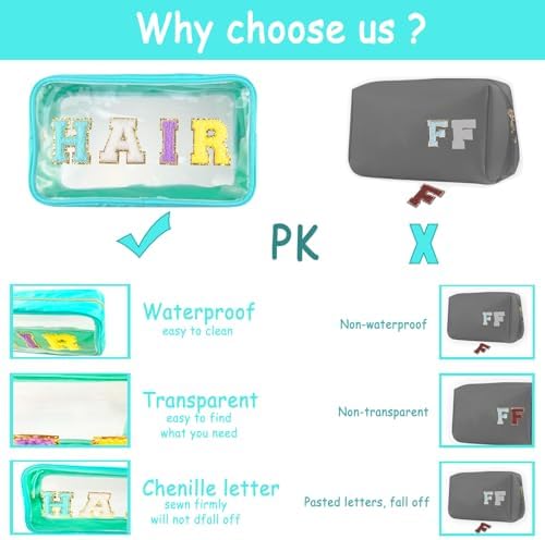 Bunliuys Chenille Letter Clear Makeup Bag Hair Patch, Travel Toiletry Makeup Bag with Handle, Nylon Waterproof Makeup Bags clear cosmetic bag, preppy patch makeup bag for Women (HAIR-Mint Green) - Image 4
