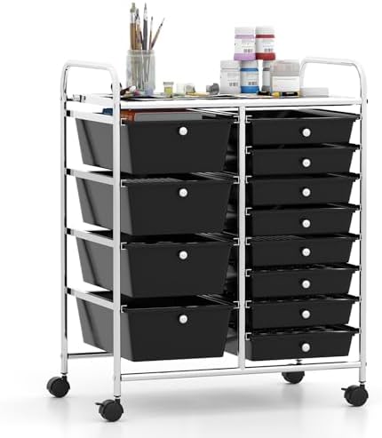 Giantex 12 Drawer Rolling Cart with Drawers, Storage Organizer Cart for Classroom Office School Teacher, Mobile Drawer Cart for Tools, Crafts, Small Printer, Black by Giantex