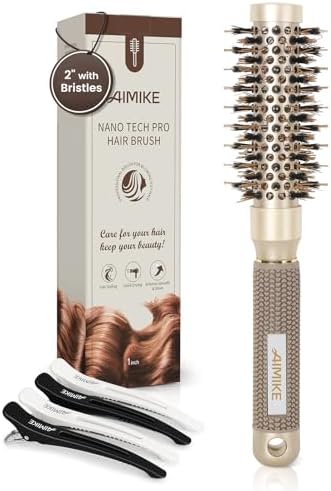 AIMIKE Round Hair Brush, 1 inch Barrel with Boar Bristles, Nano Thermal Ceramic & Ionic Tech, for Blow Drying, Styling, Curling and Shine + 4 Clips (Gold, Unisex, Fine Hair, Short Hair, Anti-Frizz) by AIMIKE