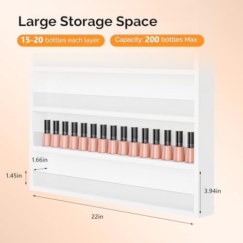 OmySalon Nail Polish Organizer Wall Mount - Holds 200 Bottles with Acrylic Barrier, Salon Display Rack for Home Spa & Nail Studio - Assembly Required, Wooden Polish Storage (White, 10-Tier) - Image 3